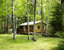 Guest cabin with fireplace at Woman River Camp